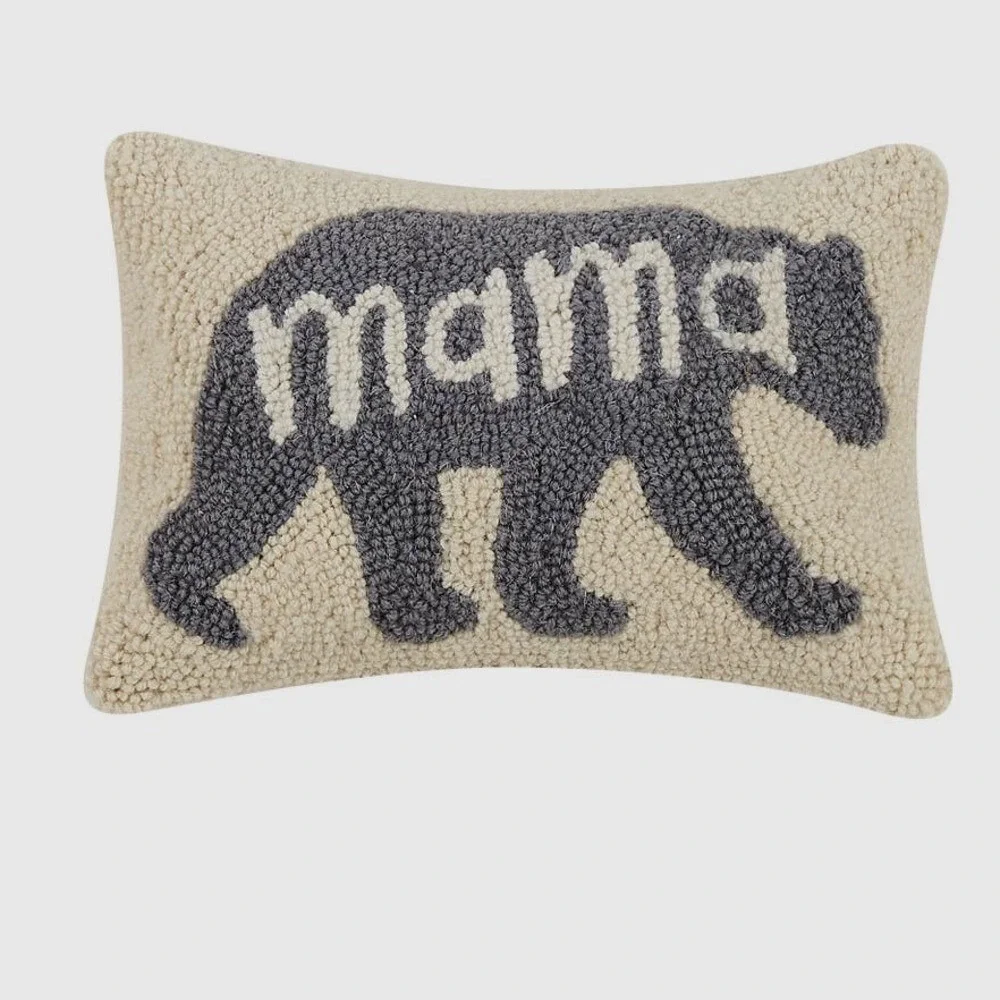 Mama Bear Hooked Wool Throw Pillow 8x12 Cream Grey Lumbar Velvet Back